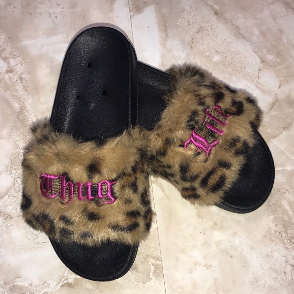 Leopard thug life fur slides